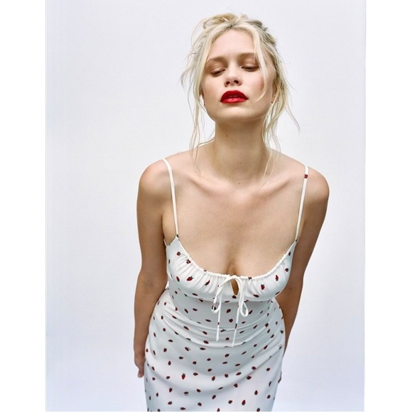 Realisation The Alba - Silk Strawberry Print Fitted Bodice Milkmaid Midi Dress - Picture 12 of 13